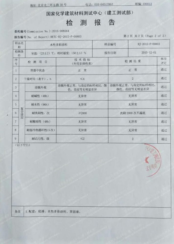水性多彩涂料檢測(cè)報(bào)告